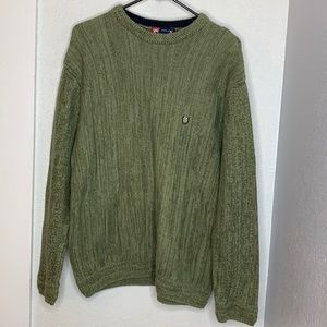 Chaps Green Herringbone Cotton Crewneck Preppy Sweater Crest Logo L Vintage
